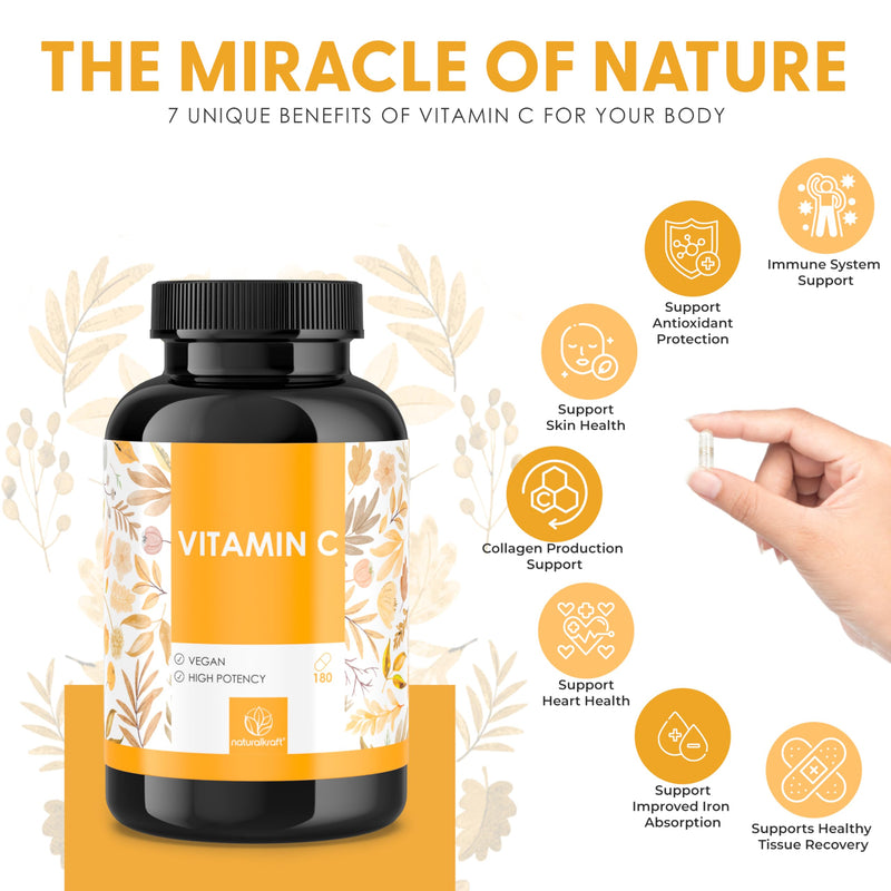 Vitamin C 1000 mg per Daily Serving with Sunflower Phospholipid Powder and Rosehip Extract – 180 Vegan Capsules – Higher Bioavailability, German Lab-Tested, and Free from Additives