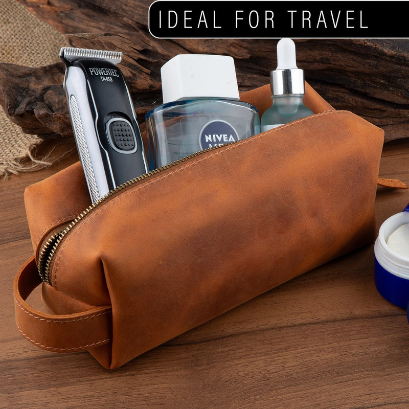 FRED PARKER Leather Toiletry Bag for Men – Dopp Kit, Multiple Purpose Use Travel Organizer, Groomsmen or Christmas Gift, Shaving Bag for Him (Standard, Brown, Medium: 7x3x3) Medium: 7x3x3" Classic