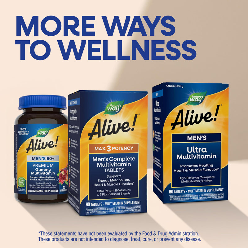 Nature's Way Alive! Men’s Max3 Potency Daily Multivitamin, 90 Tablets | High Potency Multivitamin for Men with B-Vitamins for Cellular Energy*, Supports Heart, Muscle and Eye Health* 90 Count (Pack of 1)