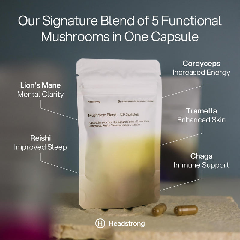 Headstrong 5 Mushroom Blend Capsules, 90% Active Compound Yield, Ultrasonic Triple-Extract, 30 Day Supply, 2,500mg per Capsule.