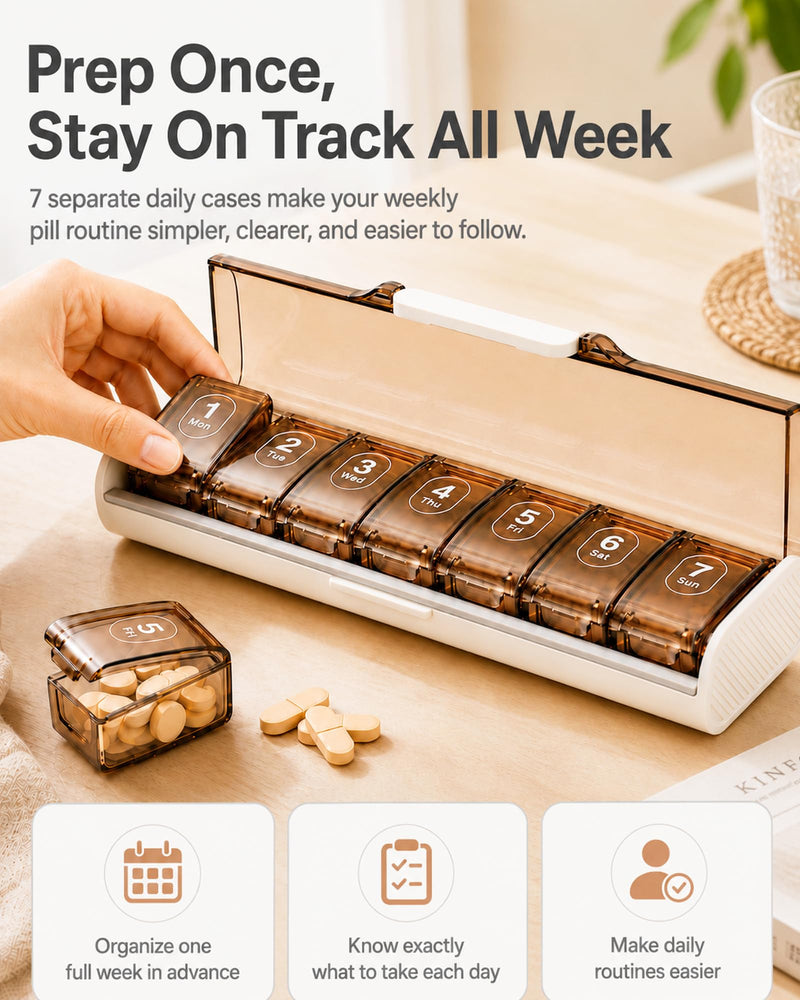 7 Day Pill Organizer, Travel Weekly Pill Box, 7 Removable Daily Cases | Travel-ready vitamin organizer with Easy Open access, BPA-Free, large capacity, Triple Moisture Protection, Brown White.