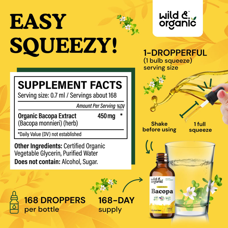 [Australia] - Wild & Organic Bacopa Liquid Drops - Herbal Tincture for Brain Support - Vegan Supplements with Bacopa Monnieri Extract Liquid - 5-Month Supply - Sugar & Alcohol-Free - 4 fl oz 4 Fl Oz (Pack of 1) 