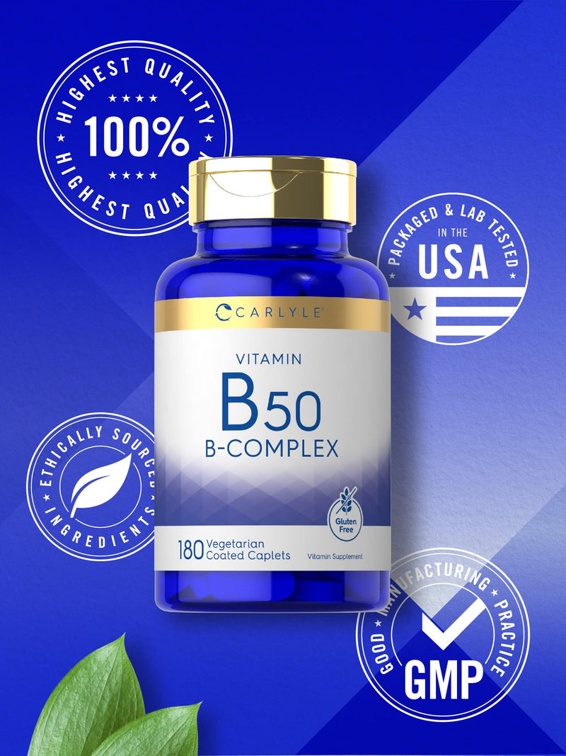 Carlyle Vitamin B50 Complex | 180 Vegetarian Caplets | Non-GMO, Gluten Free