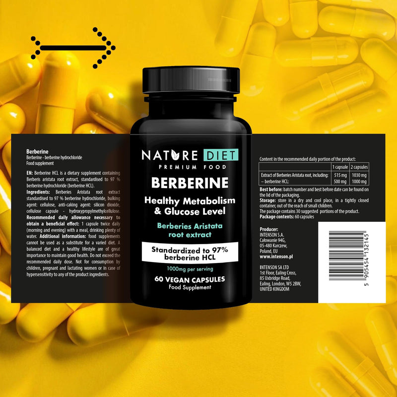 Nature Diet Berberine - 1000mg Berberine HCL per Serving - 60 Vegan Capsules - Supports Metabolism & Glucose Levels