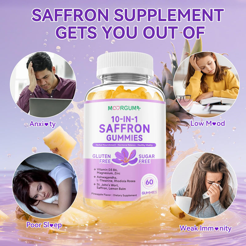 Saffron Gummies for Adult Kids, 10-IN-1 Cortisol Support Supplement with Saffron 88.5mg, Vitamin D3, B6, Magnesium, Zinc, Ashwagandha, L-Theanine, St. John's Wort, For Emotions, Slumber, 60 Count 60 Count (Pack of 1)
