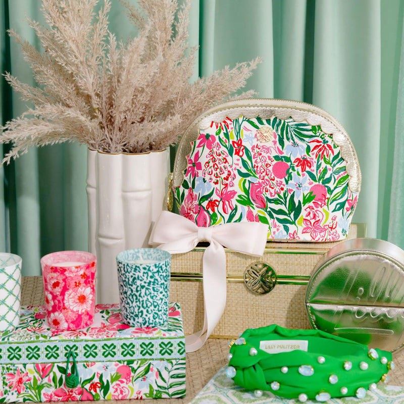 Lilly Pulitzer Vegan Leather Zipper Pouch Set of 2, Large and Small Travel Toiletry Bags with Scallop Edges for Supplies, Makeup or Toiletries (Glowing Garden/Feeling Poppy)