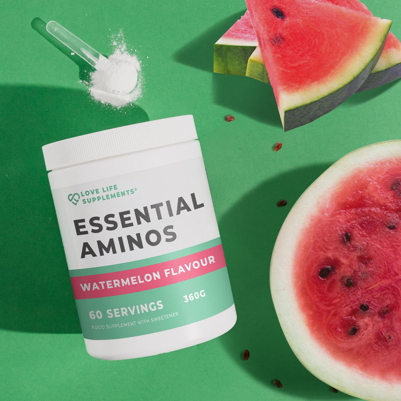 Essential Amino Acids Powder, Full Spectrum EAA & BCAA Drink for Muscle Recovery, Watermelon Flavour, 60 Servings, High Strength Intra Workout Supplement, UK Made - Love Life Supplements Watermelon Powder