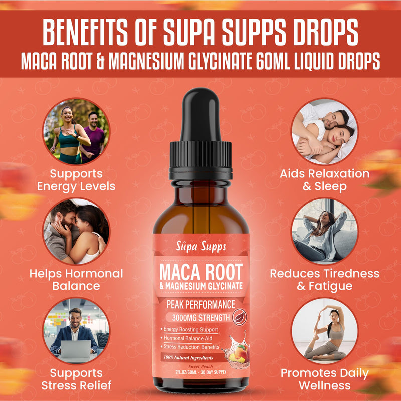 Maca Root & Magnesium Glycinate Liquid Drops 60ml - High Strength 2000mg Maca + 1000mg Magnesium per 2ml - Reduction of Tiredness & Fatigue, Normal Muscle Function, Nervous System Support