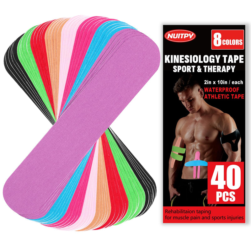 [Australia] - 40PCS Precut Kinesiology Tape Strips, 8 Colors 2 inch x 10 inch Cotton Athletic Tape, Kinetic Tape, Elastic Muscle Tape, Sports Tape, Knee Tape for Exercise and Daily Use 
