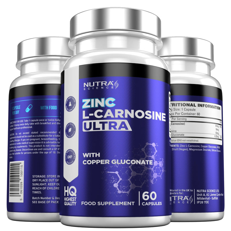 Zinc L-Carnosine Ultra – High Strength 81MG Zinc L Carnosine + Copper – Digestive & Gastric Support Zinc Supplement – 60 Vegan Capsules