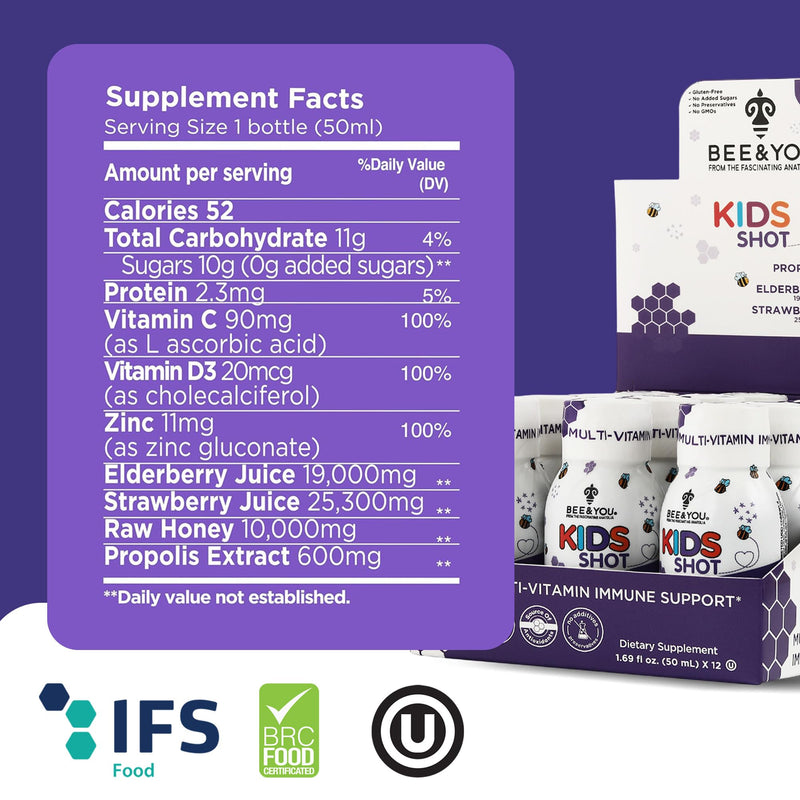BEE and You Kids Immune Support Supplement, 100% Natural Propolis, Vitamin C, Elderberry, Raw Honey, Antioxidants, Alternative to Gummies, Great Taste, 12 Pack, 1.69 fl. oz Each