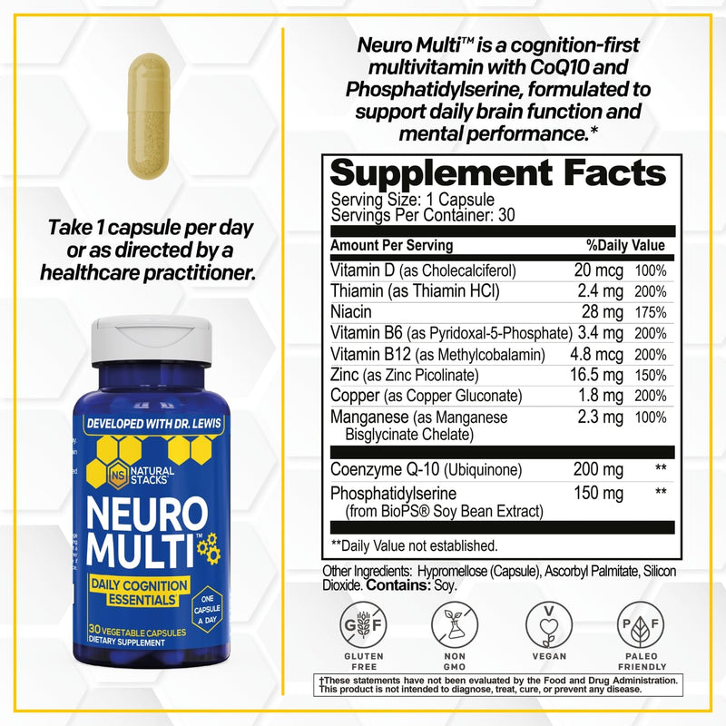 NeuroMulti Daily Multivitamin For Women & Men, With 200mg CoQ10 - 30 Count | 10 In 1 Brain Health Complex - One Capsule Per Day - Supports Cognition & Brain Function - Non-GMO - Natural Stacks