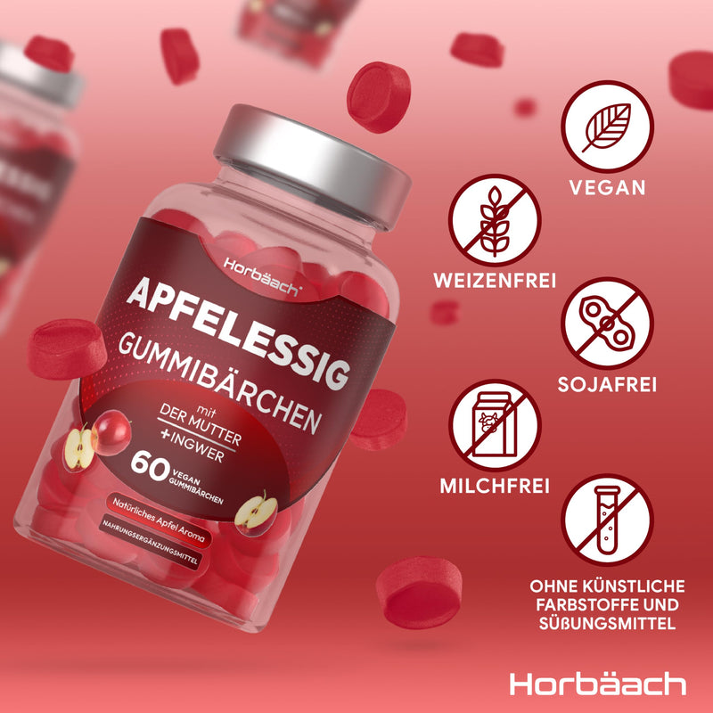 [Australia] - Apple Cider Vinegar Gummies | With the vinegar nut & ginger extract | 60 vegan apple flavored gummy bears | Apple Cider Vinegar Vegan Soft Gummies | from Horbaach 