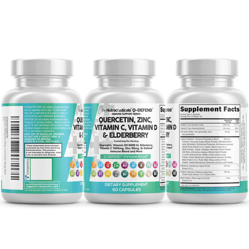 Q Defend Quercetin Supplement with Zinc Vitamin C Vitamin D Elderberry Turmeric Black Pepper Garlic Ginger Sea Moss Lysine Stinging Nettle Reishi Mushroom Immune Support 60 Capsules 60 Count (Pack of 1)