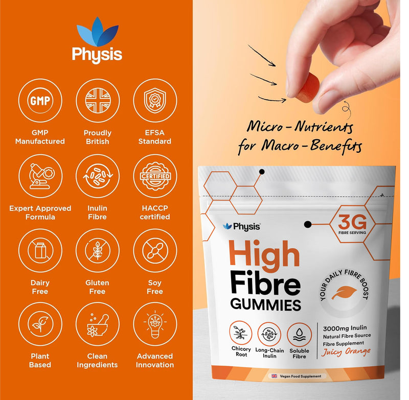 Physis Fibre Gummies 3000mg - High Fibre Supplement | Natural Inulin Soluble Fiber | Chicory Root Digestive System Support | Prebiotics for Gut Health | Vegan Natural Orange 60 x Gummies | 1 Month