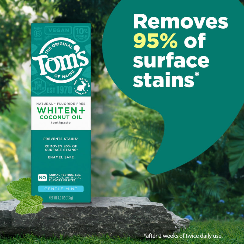 [Australia] - Tom’s of Maine Whiten Plus Coconut Oil Fluoride Free Toothpaste, Natural Whitening Toothpaste with Plant-Based Cleansers, Whitens Without Causing Sensitivity, Gentle Mint, 4.0 Oz (Pack of 3) 
