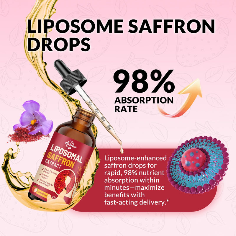 Saffron Supplements - 88.5mg Saffron Extract Liposomal Liquid Drops with Magnesium, Zinc, Ashwagandha, L-Theanine, Vitamin B6, D3 for Antioxidant Mood Energy Vision & Focus, Strawberry Flavor 4 Fl Oz 4 Fl Oz (Pack of 1)