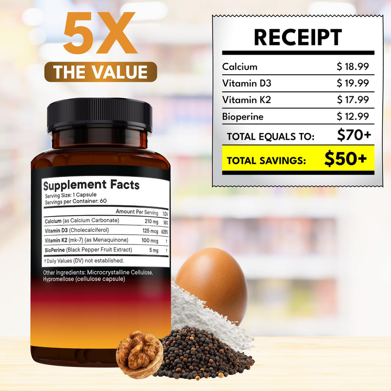 [Australia] - Vitamin D3 5,000 IU + K2 MK-7 100 mcg - 2-in-1 Bone, Immune & Heart Support, Easy to Swallow, Non-GMO - 120 Capsules 60 Count (Pack of 2) 