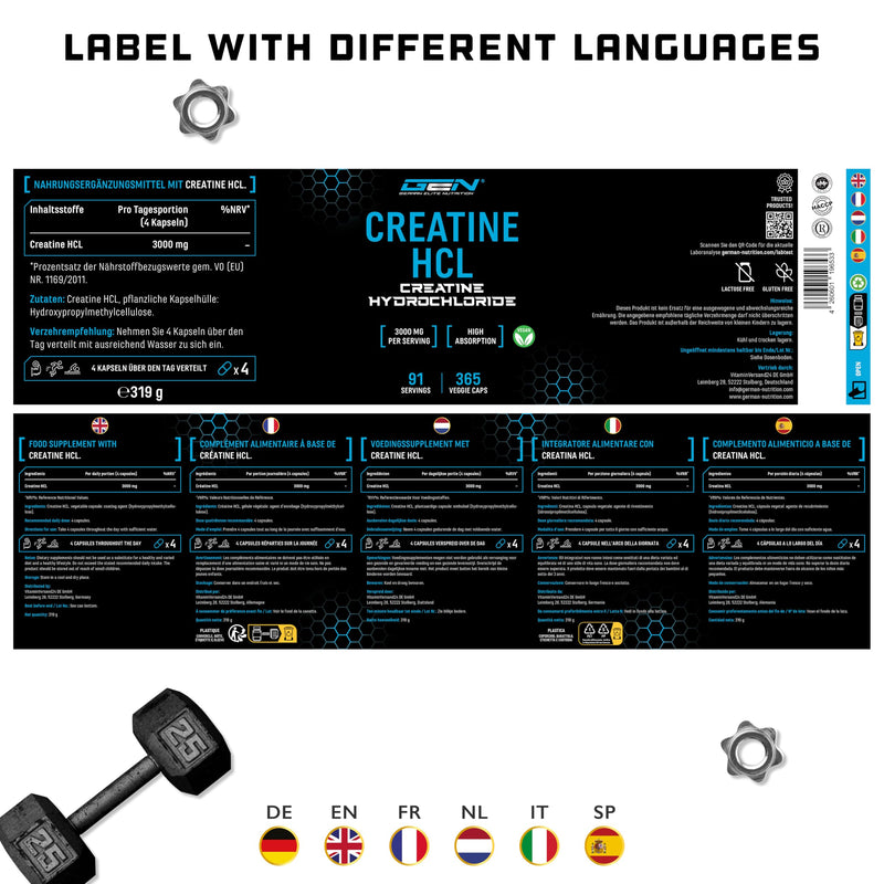 [Australia] - Creatine HCL - 365 vegan capsules - High dose with 3000 mg - Pure creatine hydrochloride - High absorption - High bioavailability 365 pieces 