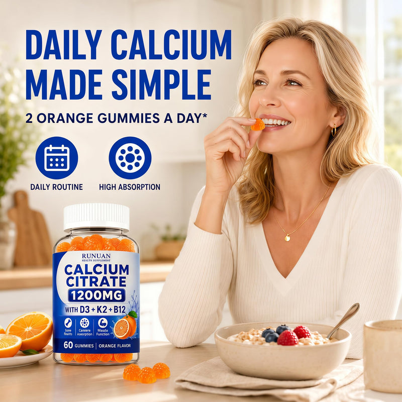 2 Pack Calcium Citrate 1200mg Gummies with Vitamin D3 K2 B12 For Women Men | Calcio D3 K2 B12 Supplement For Strong Bones Teeth Muscles Daily Energy Support, Sugar Free, Vegan Orange Gummy, 120 Count 120 Count (Pack of 1)