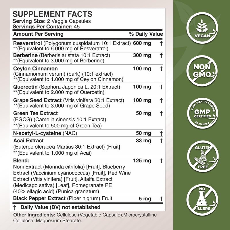 [Australia] - Gade Nutrition Resveratrol Berberine Quercetin Grape Seed Extract Green Tea Extract N-Acetyl Cysteine - 14 in 1 Complex Supplement for Women & Men with Potent Antioxidants - Made in USA 