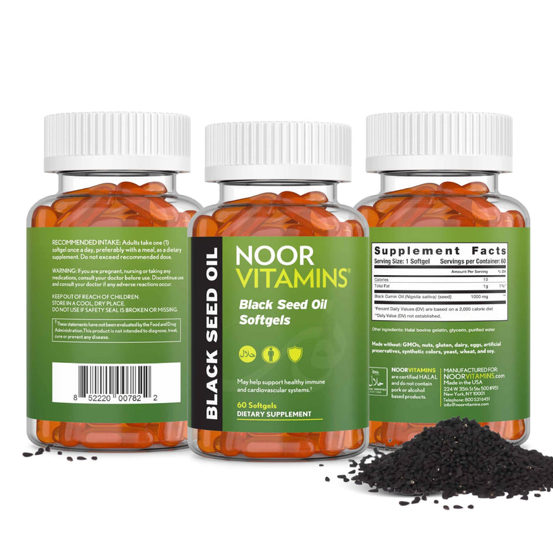 [Australia] - Noor Vitamins Halal Black Seed Oil Capsules, Halal Vitamins, 1000 mg Black Seed Oil from Nigella Sativa, Thymoquinone, Non-GMO, Gluten Free, 60 Count 