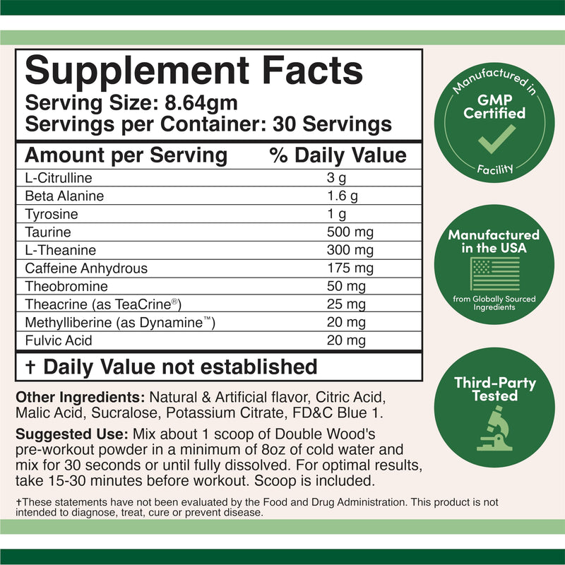 Pre-Workout Powder, 175mg Caffeine, Smooth Energy, No Crash, 30 Servings | Pre-Workout Supplement, 175mg Caffeine, Beta Alanine + L-Citrulline for Pump, 300mg L-Theanine, No Blends, Blue Raspberry