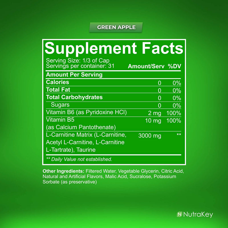 [Australia] - NutraKey L-Carnitine 3000mg, No Sugar, Gluten Free, Turn Into Fuel, (Green Apple) 31 Servings 16 Fl Oz (Pack of 1) 