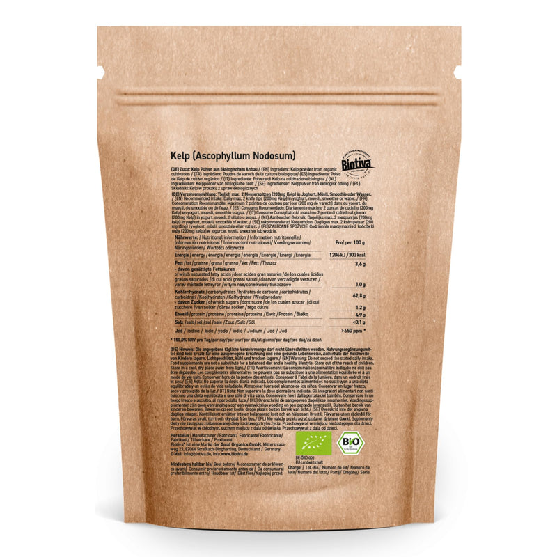 [Australia] - Kelp powder organic high dosage - 200g - natural iodine - kelp algae - bottled in Germany - 100% vegan - without fillers or release agents - Biotiva 