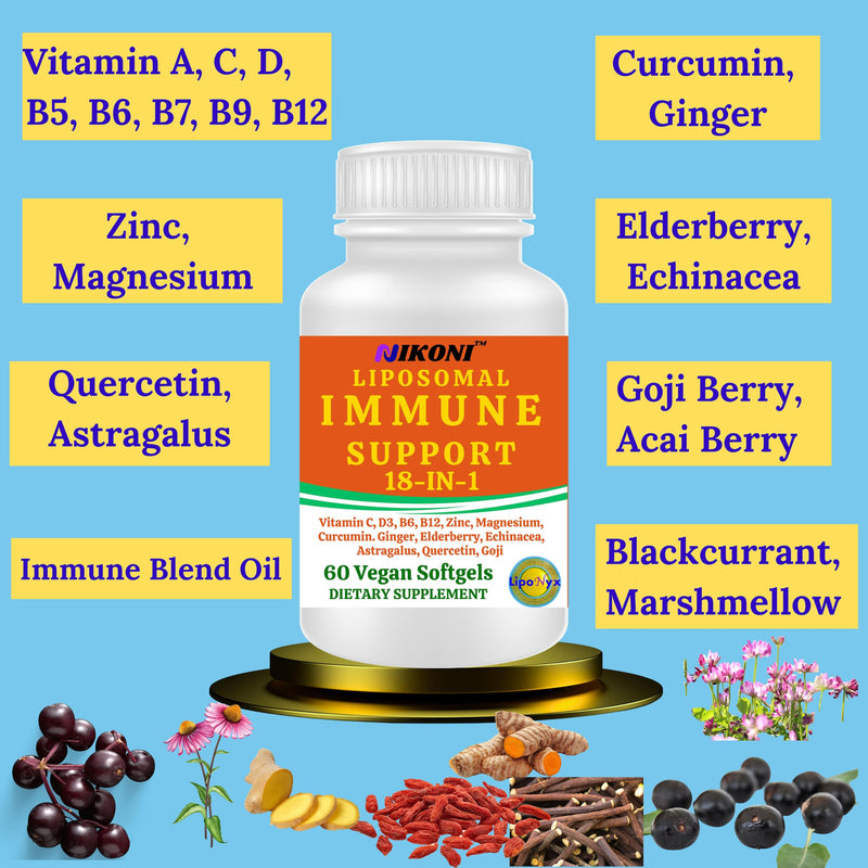 Nikoni Vegan Liposomal Immune Support Softgels – 18-in-1 Formula with Vitamin C, Zinc, Vitamin D3, Echinacea, Elderberry & Curcumin – 60 Vegan Softgels