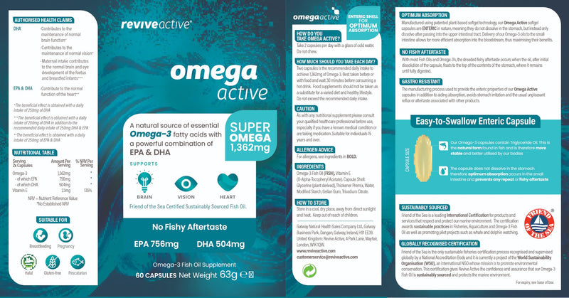 Revive Active Omega 3 Capsules High Strength - Omega 3 Fish Oil with EPA & DHA, No Fishy Aftertaste - Fatty Acids Supplements, Supports Brain, Vision, & Heart - 60 Capsules