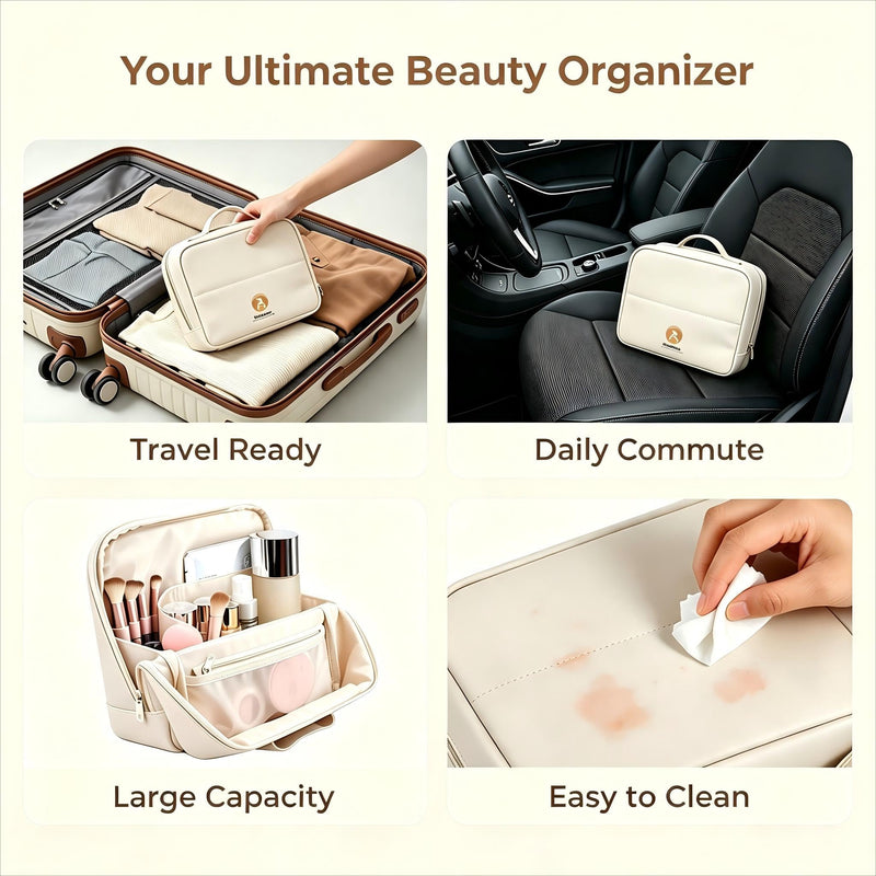 Standing Makeup Bag, Fold Down Trave Cosmetic Bag,Large Capacity Toiletry Bags for Women,Portable Free-Standing Makeup Bag and Brush Storage Bag for Easy Access (Creamy) Creamy