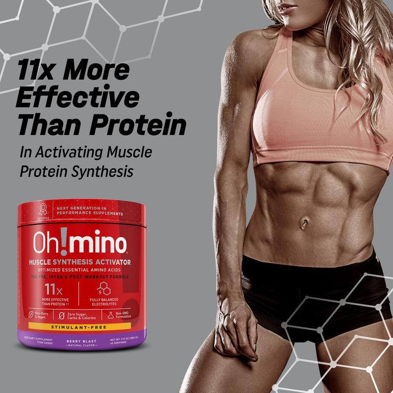 [Australia] - Oh!mino Amino Acid Energy Blend - Sugar-and-Stimulant-Free, Pre-Post Workout Powder, BCAA Amino Acids, Workout Recovery Drink, Muscle Synthesis Activator, Berry Blast, 280 g, 40 Servings Berry Blast (Stimulant-Free) 40 Servings (Pack of 1) 