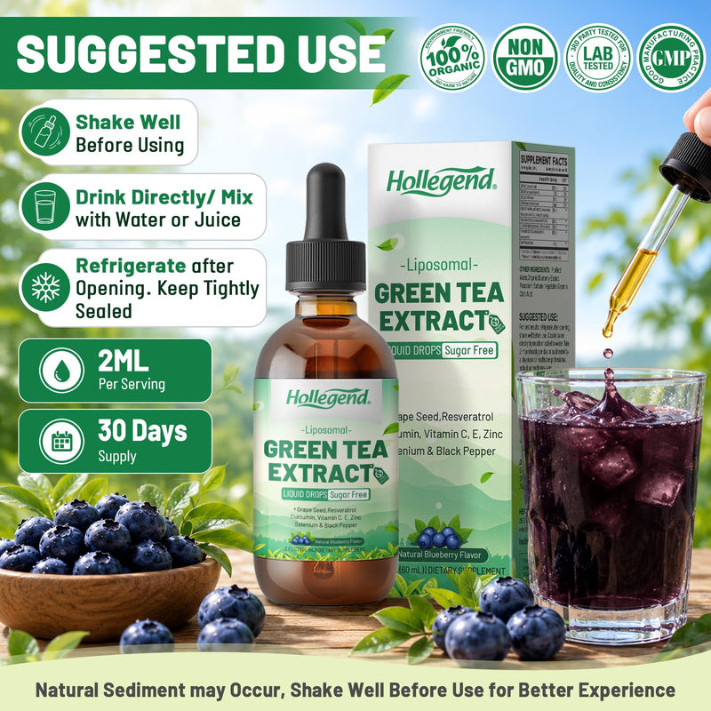 Liposomal Green Tea Extract Liquid, Organic Green Tea Supplement | With Vitamins, Resveratrol & Grape Seed, Antioxidant & Immune Support, Adults & Kids, Organic,Vegan,Blueberry Flavor,2 FL OZ