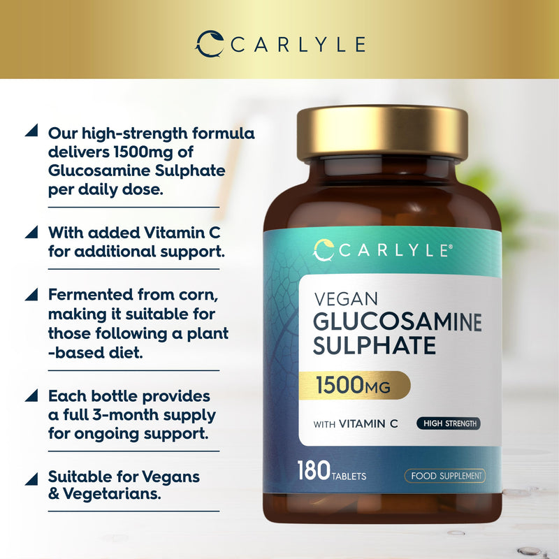 Vegan Glucosamine Sulphate 2KCl 1500mg | with 24mg Vitamin C | 180 High Strength Tablets | Glucosamine 2KCl Supplement | By Carlyle