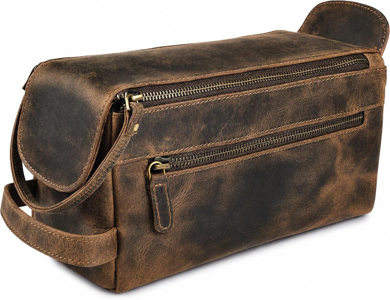 Full Grain Leather Toiletry Bag for Men & Women – Water-Resistant Travel Shaving Kit Organizer with YKK Zipper, Spacious Bathroom Grooming & Cosmetic Storage Case - Walnut Brown Distressed Brown