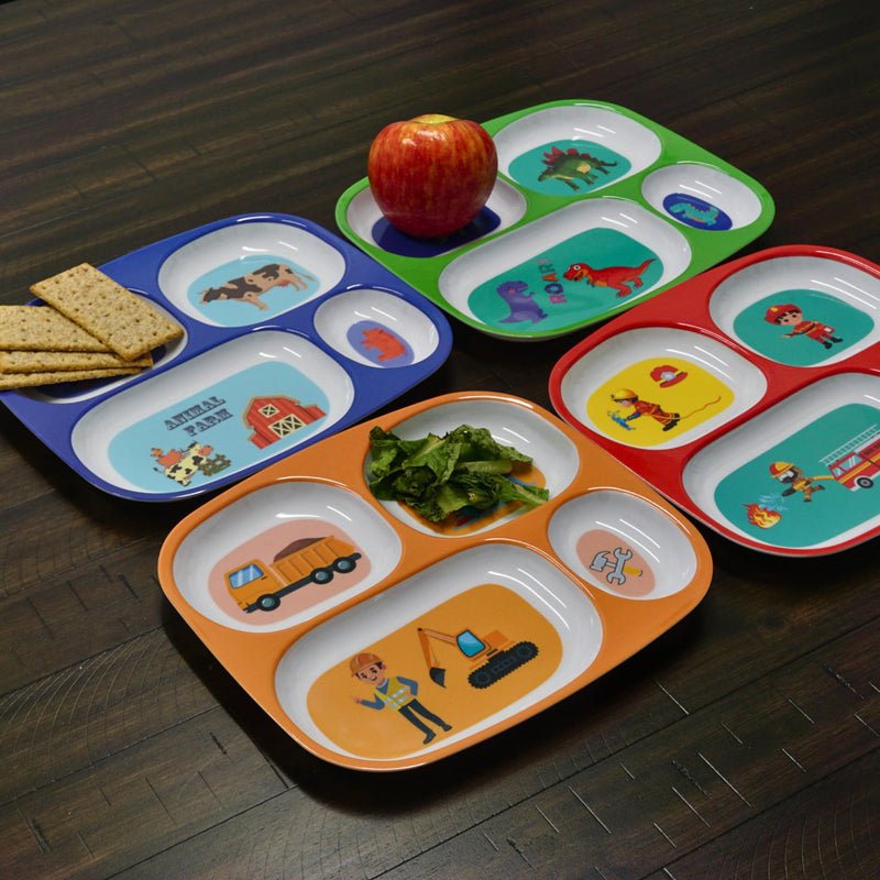 [Australia] - 4E's Novelty 4 Melamine Dinner Plate for Kids Boys, Plastic Mealtime Divided Plates, Dinnerware Dishes Set For Picky Eaters, BPA Free, Construction, Dinosaur, Firefighter, Farm Animal Boys Theme 