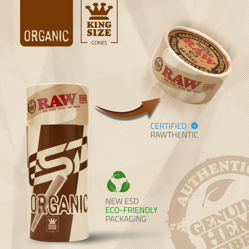 [Australia] - RAW Cones Organic King Size | 100 Pack | Pre Rolled Papers with Tips Included 