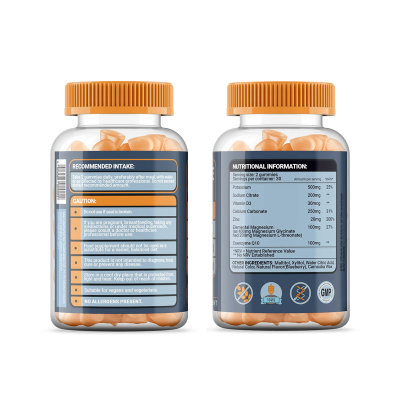 Electrolyte Gummies with Potassium & Magnesium | 60 Sugar Free Vegan Gummies | Orange Flavour | with Zinc, Calcium, Vitamin D3 & CoQ10 | 30 Day Supply