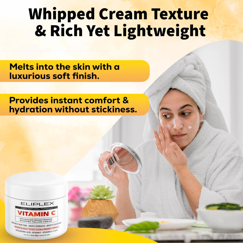 Whipped Tallow Cream – Vitamin C + Hyaluronic Acid | Grass-Fed Tallow, Deep Hydration & Glow | Regenerative Face & Body Balm | 4 oz.