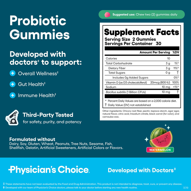 Physician's CHOICE Gut Gummy Bundle: Probiotic Gummies + Fiber Gummies - No Sugar Added & Vegan - Supports Digestive Health & Regularity for Women and Men
