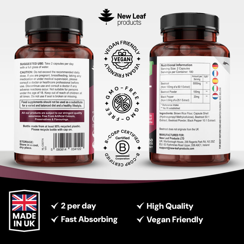 Beetroot Capsules 5100mg - High Strength Beetroot Supplement 360 Vegan Capsules - Nitric Oxide - Enriched with Black Pepper Made in The UK By New Leaf 360 count (Pack of 1)