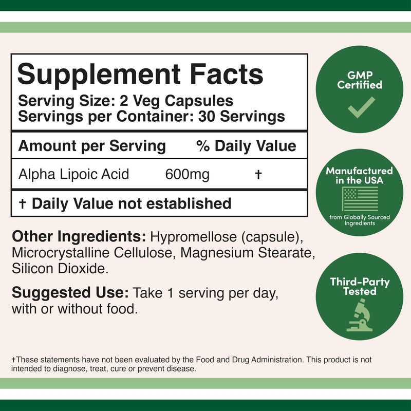 Alpha Lipoic Acid 600mg per Serving, 60 Capsules (Third Party Tested, Non-GMO, Gluten Free, Vegan Safe) Potent Antioxidant for Neuropathy and Cardiovascular Health (ALA Supplement) by Double Wood