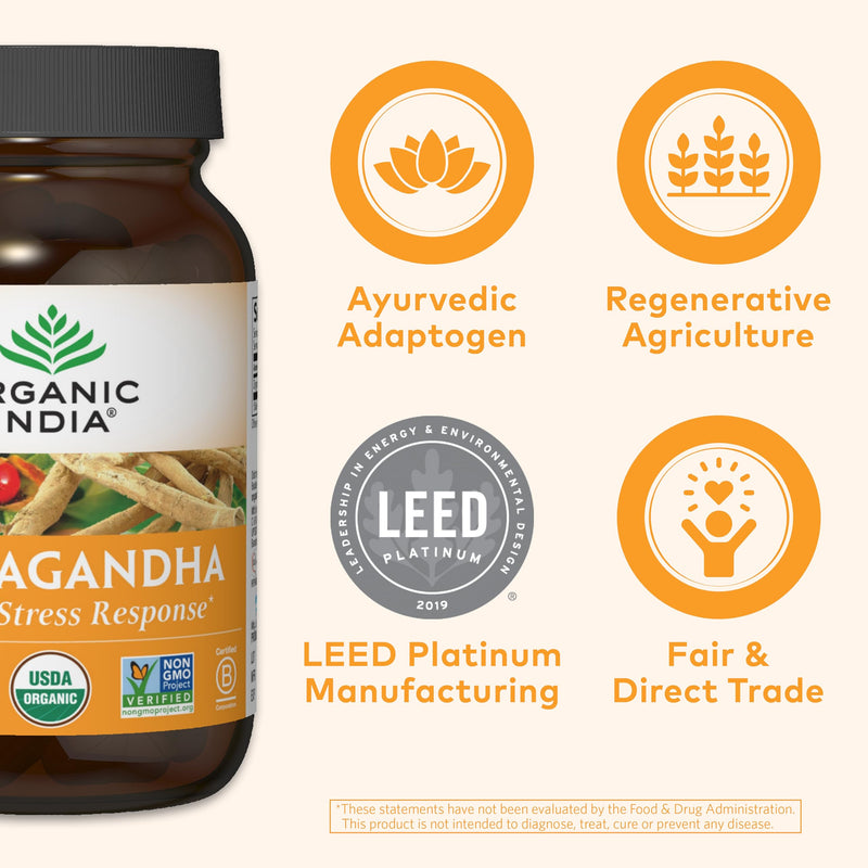[Australia] - ORGANIC INDIA Ashwagandha Capsules - Organic Ashwagandha Supplement - Vegan Ashwagandha Root, Gluten-Free, Kosher, Non-GMO, Supports Stress Relief, Energy, and Sleep - 90 Capsules 90 Count (Pack of 1) 