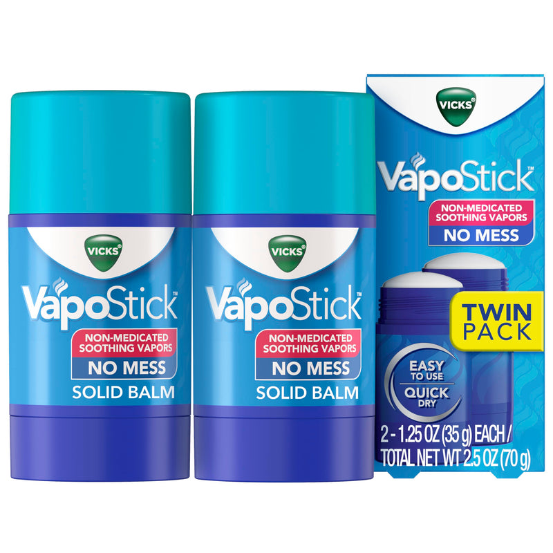 Vicks VapoStick, Solid Balm, No Mess, Soothing Non-Medicated Vicks Vapors, Easy-To-Use No-Touch Applicator, Quick Dry, Lightweight Skin Feel, 1.25oz x 2