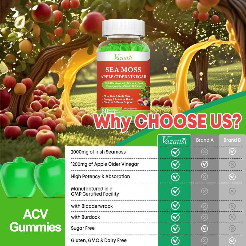 2 Pack Apple Cider Vinegar Gummies, ACV with Sea Moss Gummies for Metabolism, Digestion, Detox, Gut & Immune Health, Apple Flavored -120 Count 60 Count (Pack of 2)