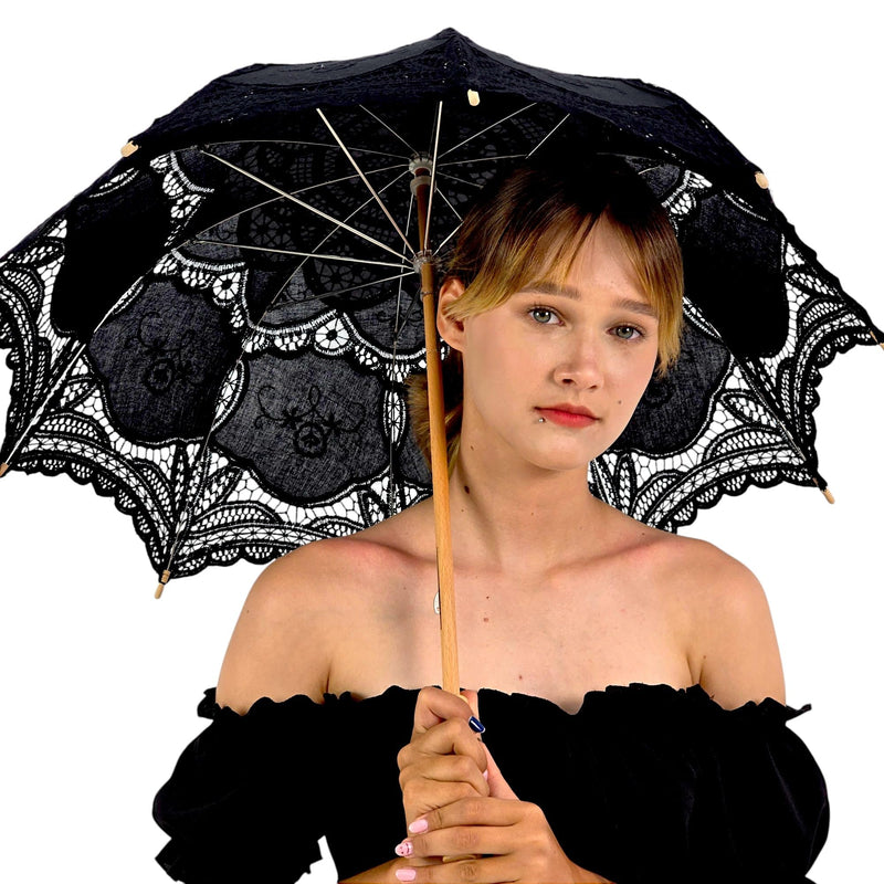 Black Lace Hand Sewn Parasol With Wood Handle