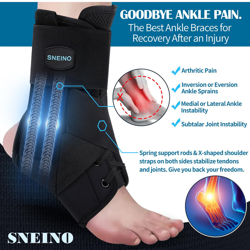 [Australia] - SNEINO Ankle Brace for Women & Men - Ankle Support for Sprained Ankle, Adjustable Lace Up Ankle Brace for Running, Basketball, Volleyball (Black, Large 3) Black 