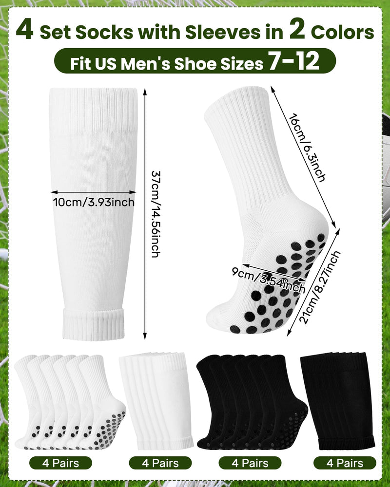 [Australia] - Eurzom 4 Sets Grip Soccer Socks with Shin Guard Sleeves for Men Non Slip Pads Black and White Athletic Socks with Compression Leg Sleeves for Christmas Soccer Football Basketball Sports Gifts 
