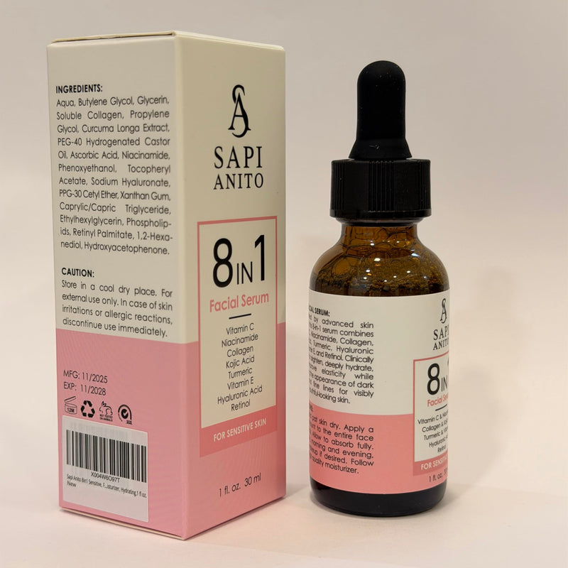 Sapi Anito 8-in-1 Sensitive Face Serum, Vitamin C, Niacinamide, Collagen, Kojic Acid, Turmeric, Vitamin E, Hyaluronic Acid & Retinol, Lightweight Hydrating Serum for Sensitive Skin, 1 fl oz (30 ml)